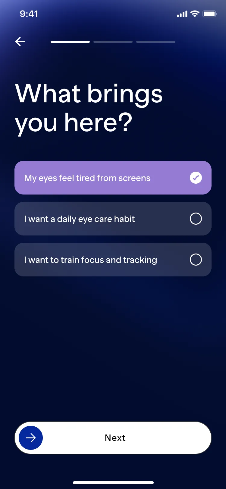 Onboarding question: what brings you here, with three answers to choose from.