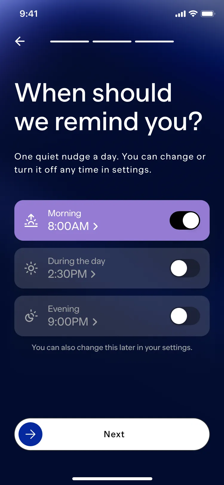 Reminder setup screen offering a morning, daytime or evening time.