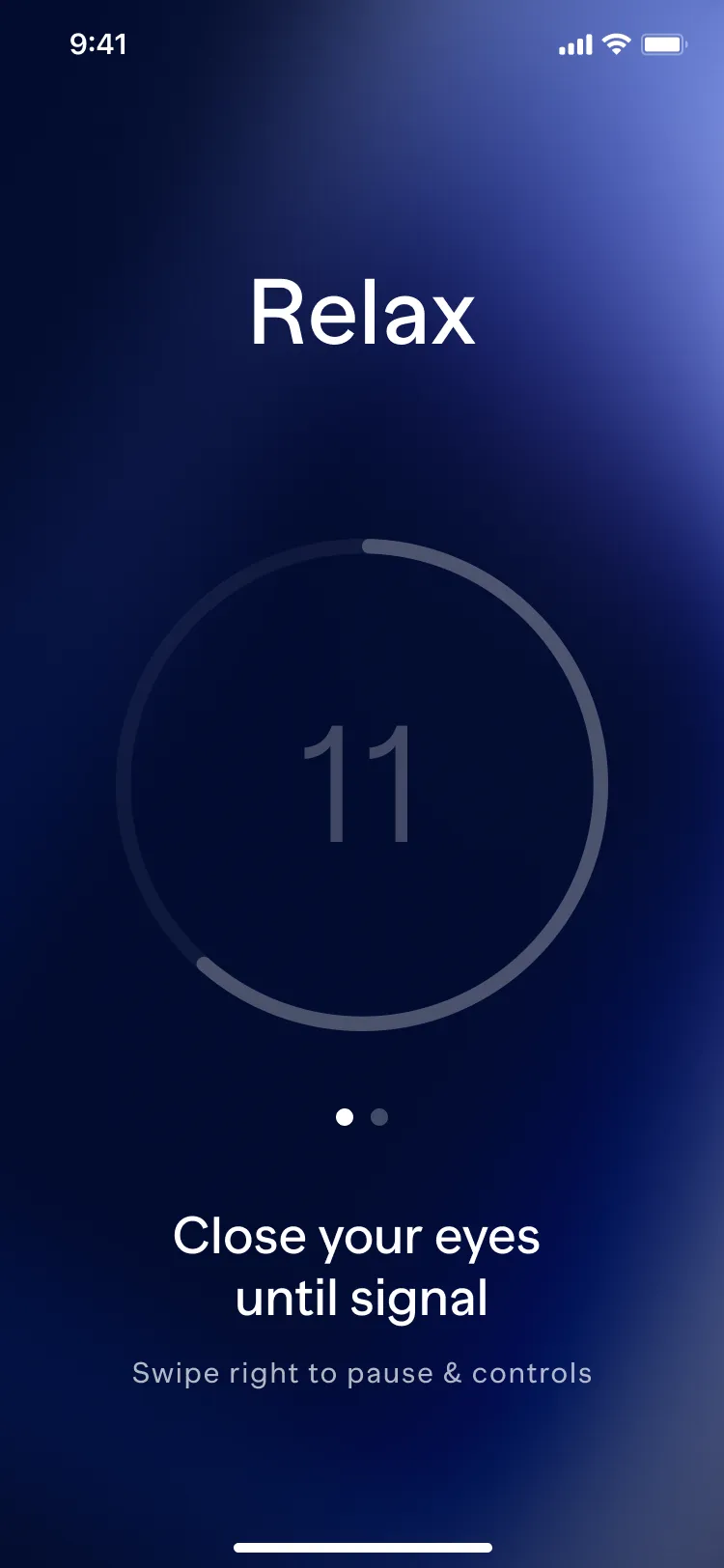 A relaxation exercise in progress, with a countdown ring and the cue to close your eyes.